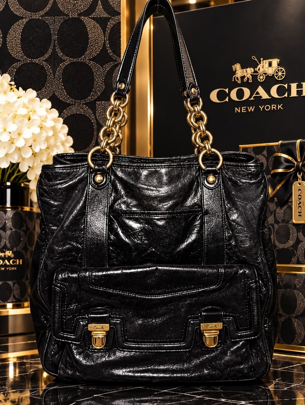 Coach Poppy Leather Camelia Tote Bag W/ Gold Chain Hardware